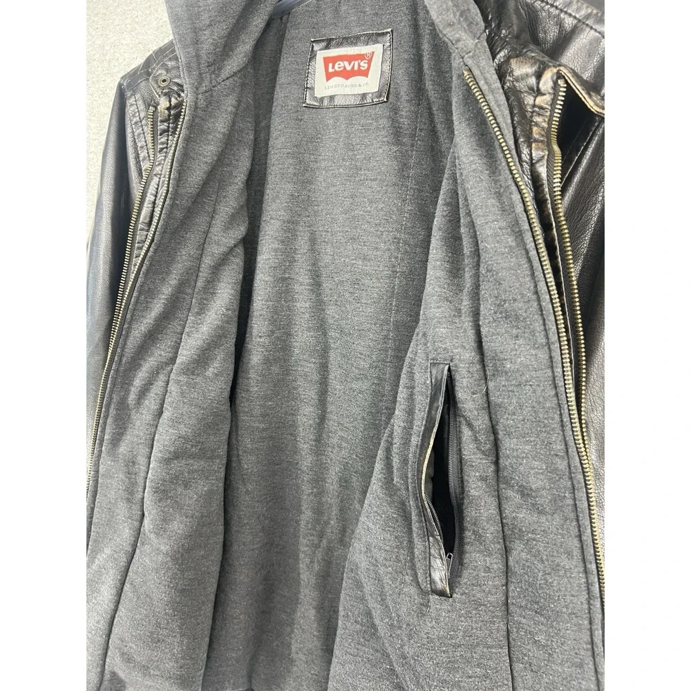 Levi's LM4RU924 Faux Leather Hooded Jacket Mens L Dark Brown Moto Bomber Bib